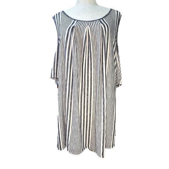 Max Studio Tops - Max Studio  Plus Size 1X Casual Blouse  White and Blue Stripes Pleated Shoulders